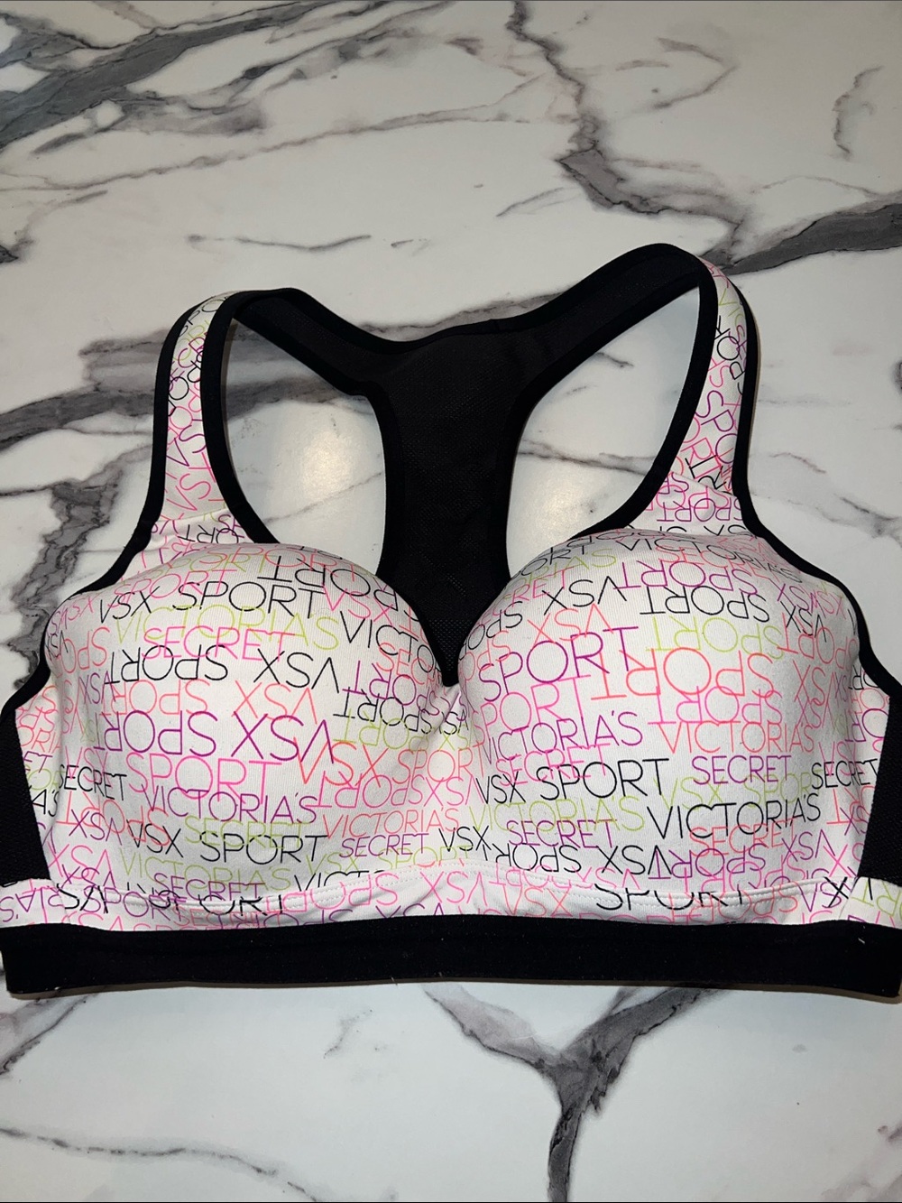 Victoria's Secret VSX SPORT Bra w Pink/Orange/Black/Lime/Magenta Logo Print 38C